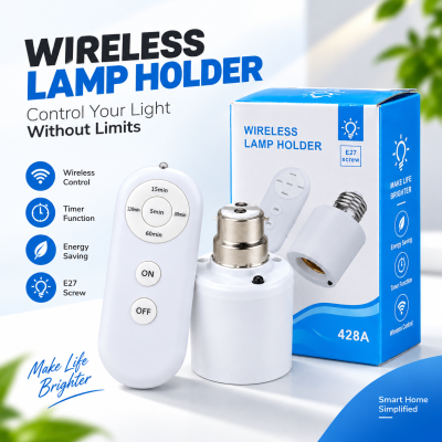 Wireless Remote Control E27 Lamp Holder – Smart Light Bulb Socket with Auto-Off Timer, RF Remote & Easy Plug-and-Play Installation for Home Automation